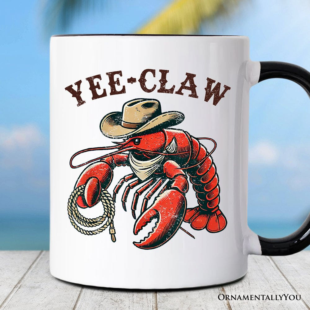 Yee Claw Lobster Western Mug, Funny Cowboy Animal Gift Personalized Ceramic Mug OrnamentallyYou Black Handle Non-Custom 