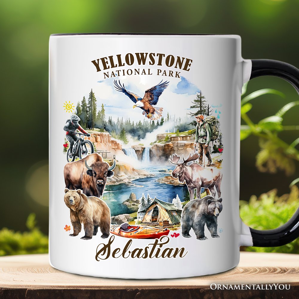 Artistically Vibrant Yellowstone National Park Personalized Mug, Wildlife and Nature Gift and Souvenir with Custom Name Personalized Ceramic Mug OrnamentallyYou White - Black Customized 