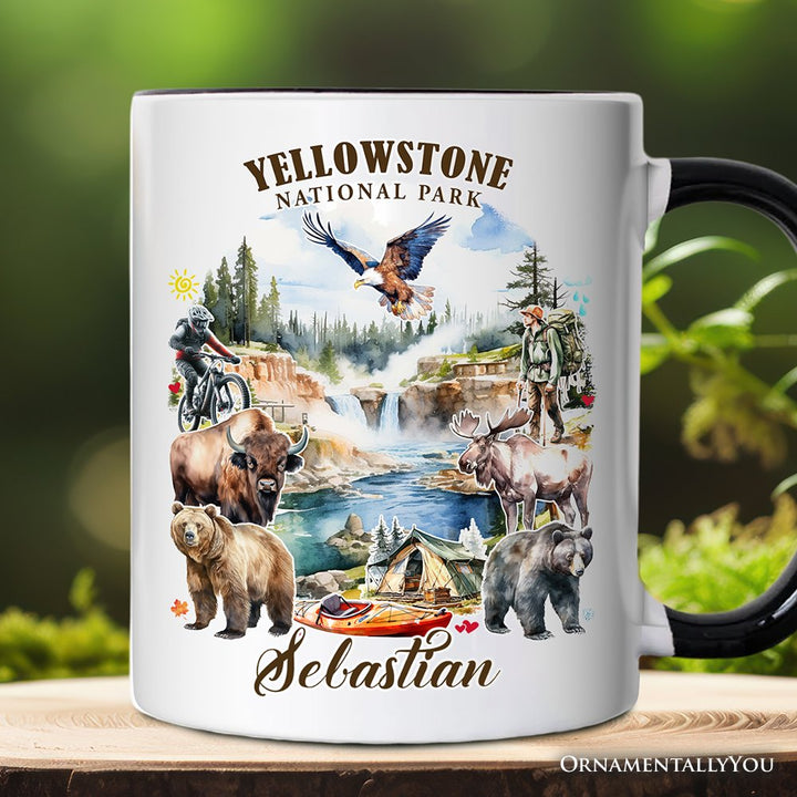 Artistically Vibrant Yellowstone National Park Personalized Mug, Wildlife and Nature Gift and Souvenir with Custom Name Personalized Ceramic Mug OrnamentallyYou White - Black Customized 