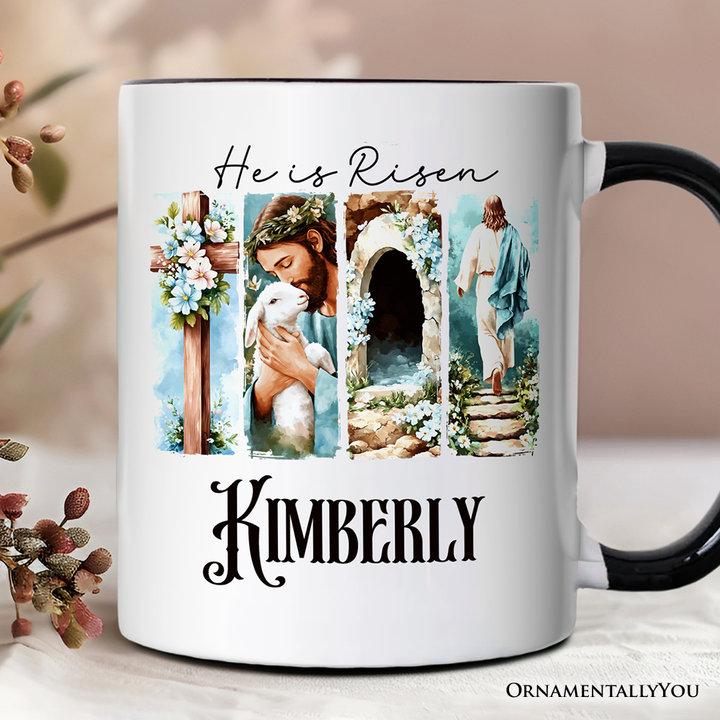 He Is Risen Christian Brushstroke Personalized Mug, Festive Easter Gift with Custom Name