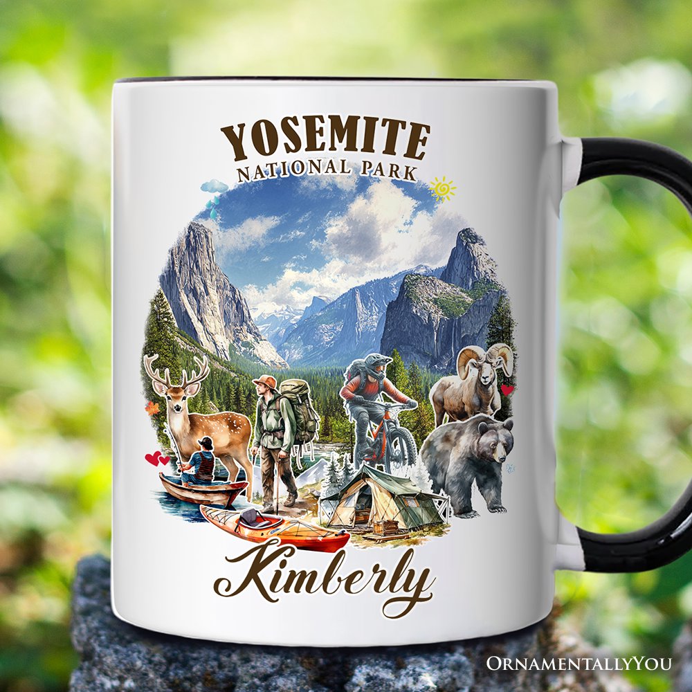 Artistic Yosemite National Park Personalized Mug, California Hikers Travel Gift and Souvenir with Custom Name Personalized Ceramic Mug OrnamentallyYou White - Black Customized 