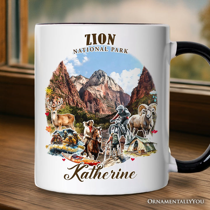 Adventurous Zion National Park Personalized Mug, Utah Scenic Landmarks Gift and Souvenir with Custom Name Personalized Ceramic Mug OrnamentallyYou White - Black Customized 