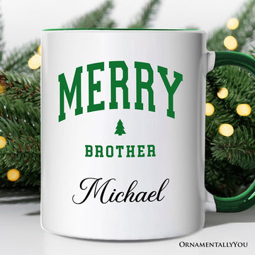 Merry Brother Retro Christmas Personalized Mug, Matching Family Holiday Gift with Custom Name Personalized Ceramic Mug OrnamentallyYou White - Green Customized 