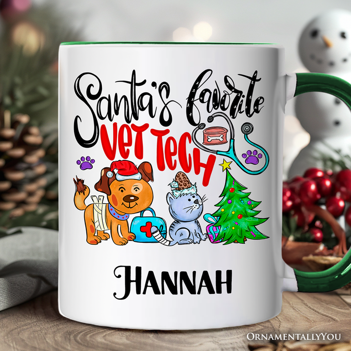 Santa’s Favorite Vet Tech Christmas Personalized Mug, Appreciation Gift for Veterinary Technician with Custom Name