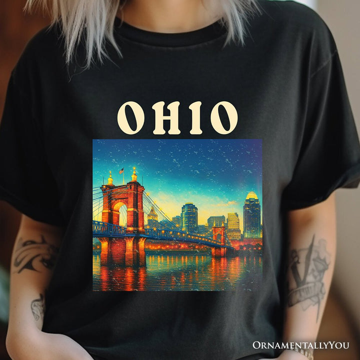 Charming Ohio State Cityscape and Landmark T-Shirt, Cincinnati Night Bridge Tee and Midwest Skyline Souvenir T-Shirts OrnamentallyYou 