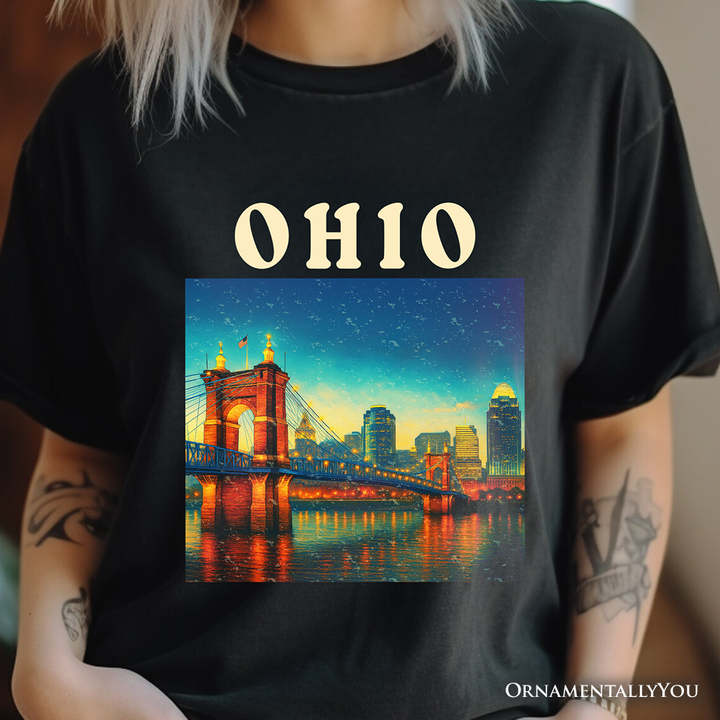 Charming Ohio State Cityscape and Landmark T-Shirt, Cincinnati Night Bridge Tee and Midwest Skyline Souvenir