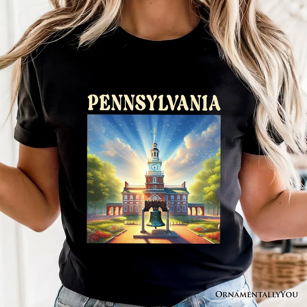 Historic Liberty Bell and Independence Hall Pennsylvania State T-Shirt, Colonial Landmark Tee and Travel Souvenir T-Shirts OrnamentallyYou 