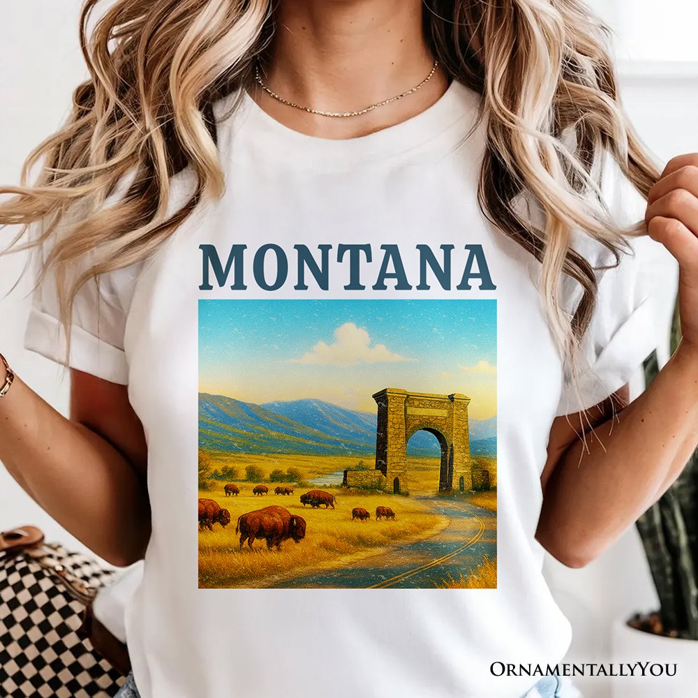 Rustic Montana State Wildlife and Landmark T-Shirt, Yellowstone Entrance Tee and Western Prairie Souvenir T-Shirts OrnamentallyYou 
