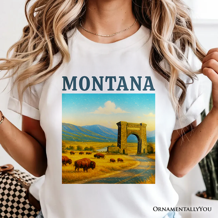 Rustic Montana State Wildlife and Landmark T-Shirt, Yellowstone Entrance Tee and Western Prairie Souvenir