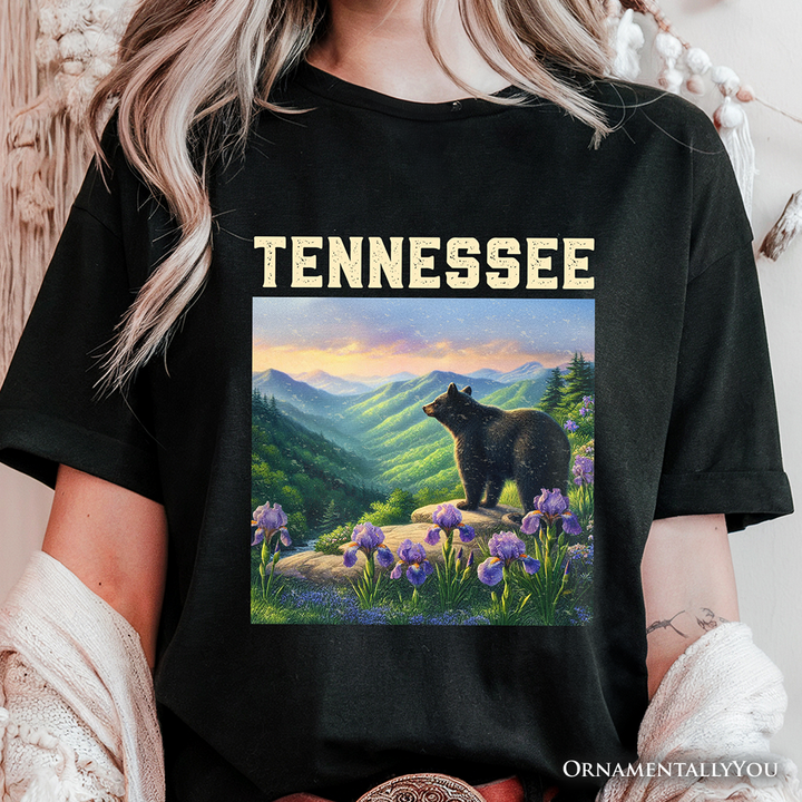 Scenic Tennessee State Great Smoky Mountains T-Shirt, Black Bear and Wildflower Nature Tee  and Travel Souvenir