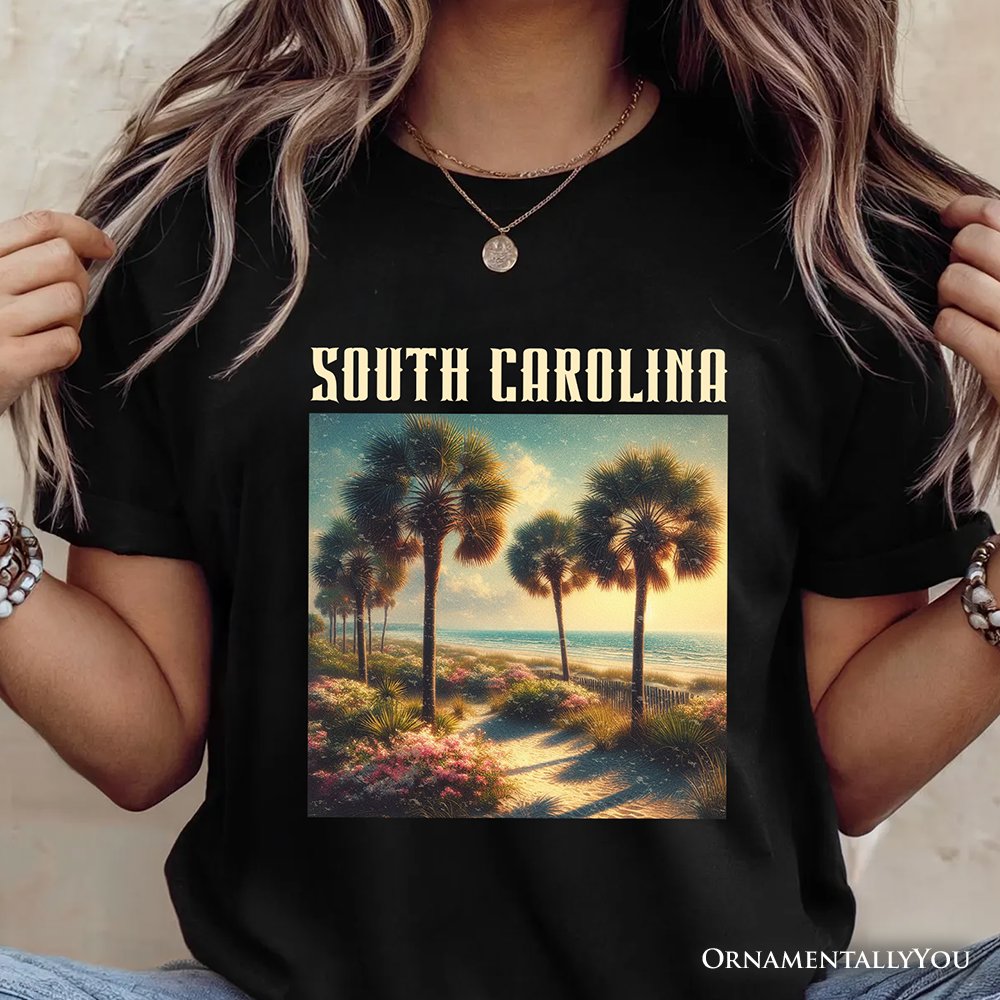 Serene South Carolina State Palmetto Beach Scene T-Shirt, Coastal Tee and Tropical Keepsake Souvenir T-Shirts OrnamentallyYou 