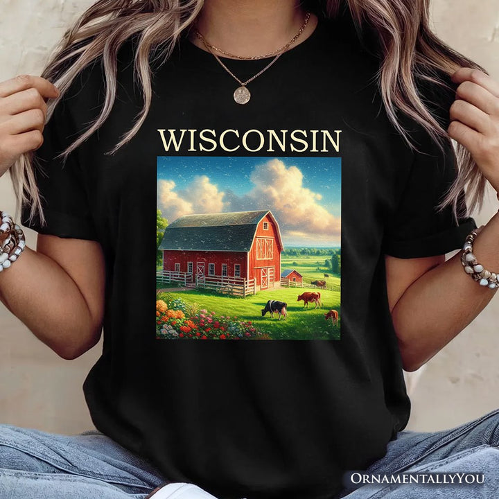 Vintage Wisconsin Farm Landscape T-Shirt, Midwest Red Barn Tee and Countryside Souvenir T-Shirts OrnamentallyYou 