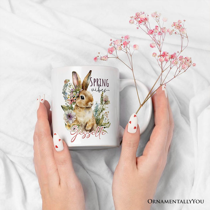 Artistic Watercolor Spring Vibes Personalized Mug, Floral Bunny Custom Gift with Name Personalized Ceramic Mug OrnamentallyYou 
