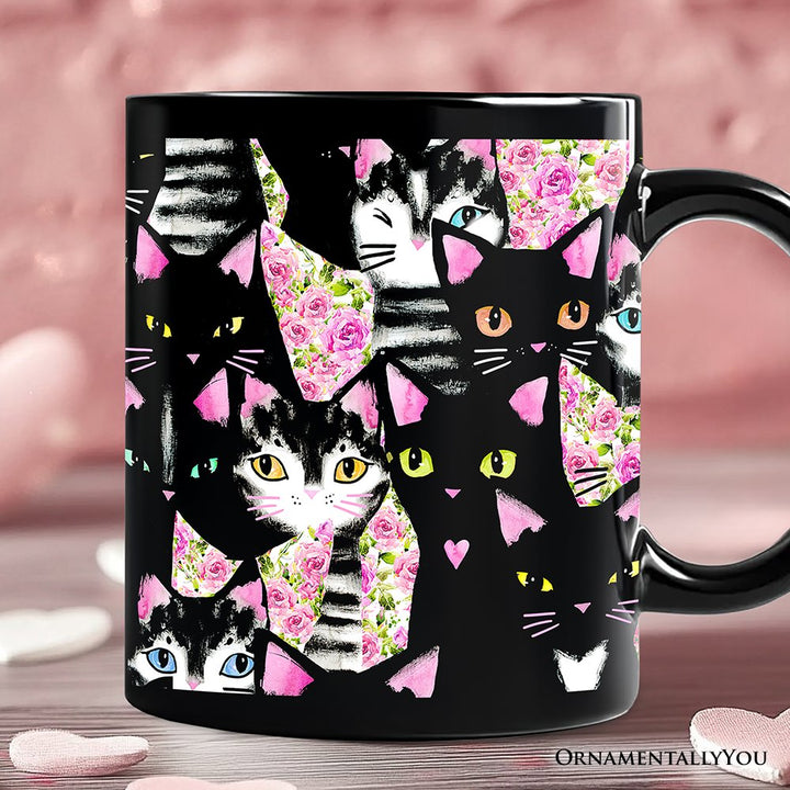 Floral Black And Pink Cats Pattern Cute Mug, Kitten Collage Gift for Cat Lovers Personalized Ceramic Mug OrnamentallyYou Black Non-Custom 