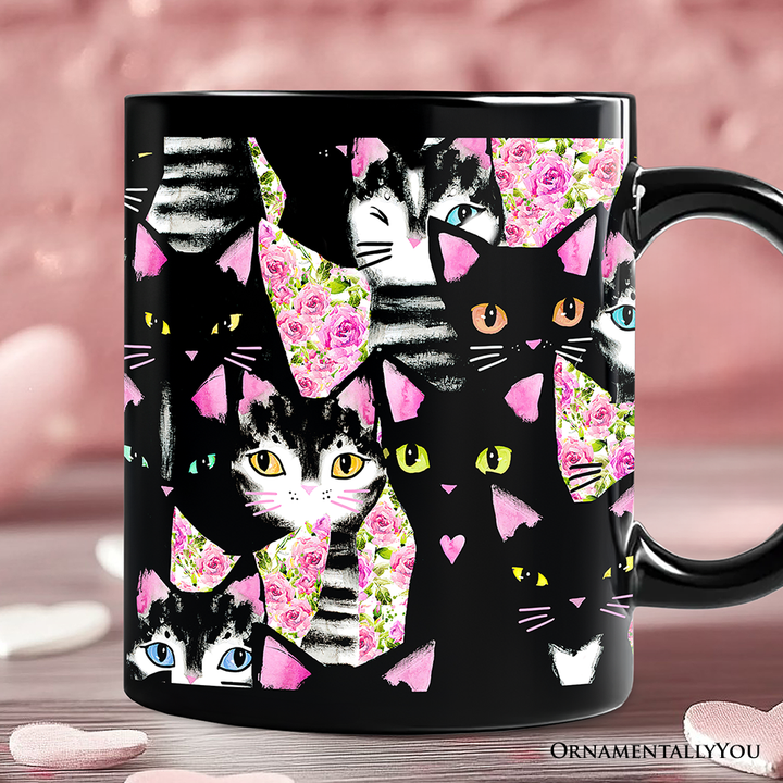 Floral Black And Pink Cats Pattern Cute Mug, Kitten Collage Gift for Cat Lovers