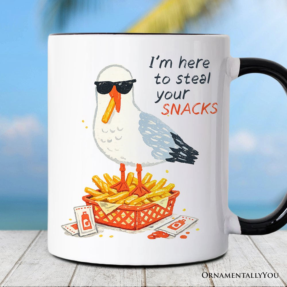 I'm Here To Steal Your Snacks Seagull Mug, Funny Summer Beach Gift Personalized Ceramic Mug OrnamentallyYou Black Handle Non-Custom 