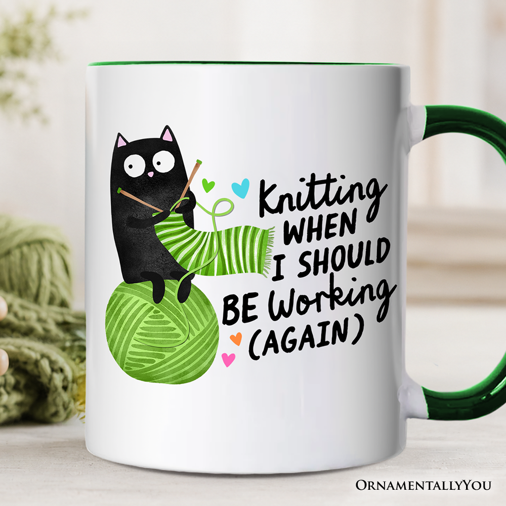 Knitting Black Cat Cute Personalized Mug, Funny Working Crafter Animal Gift with Custom Name