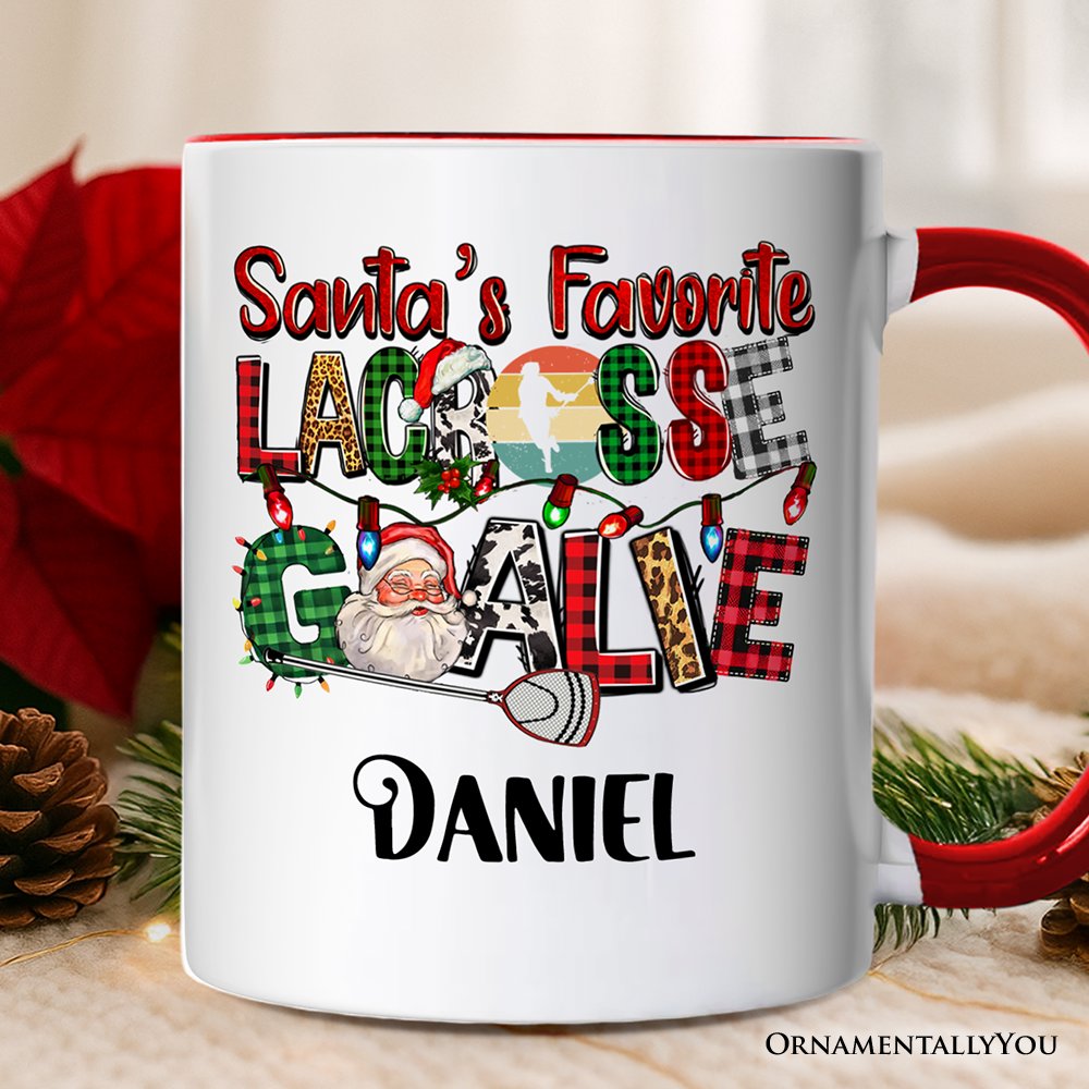 Santa’s Favorite Lacrosse Goalie Personalized Mug, Plaid Christmas Athelete Gift with Custom Name Personalized Ceramic Mug OrnamentallyYou White - Red Customized 