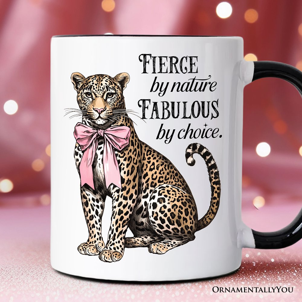 Leopard With Coquette Bow Mug, Animal Trendy Preppy Gift Personalized Ceramic Mug OrnamentallyYou Black Handle Non-Custom 