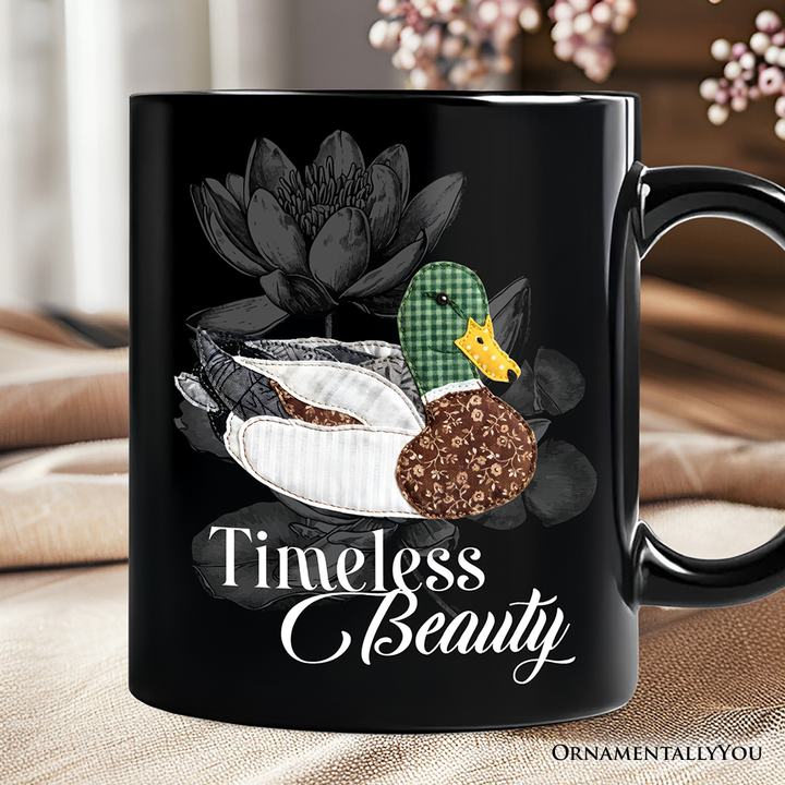 Mallard Duck Printed Faux Patchwork Personalized Mug, Hunting Wife Outdoors Gift with Custom Name