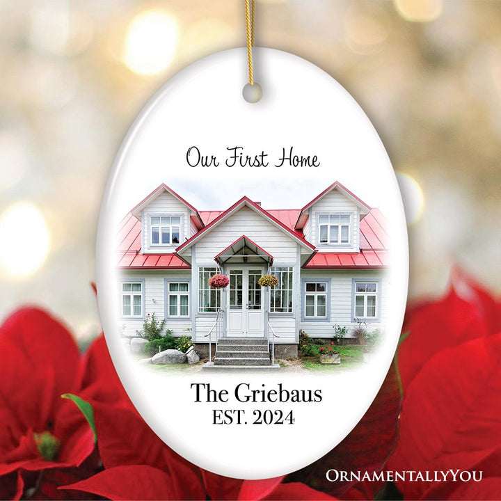 Custom Home Portrait Ornament, Housewarming Gift, New or First Home Ceramic Ornament OrnamentallyYou Oval 