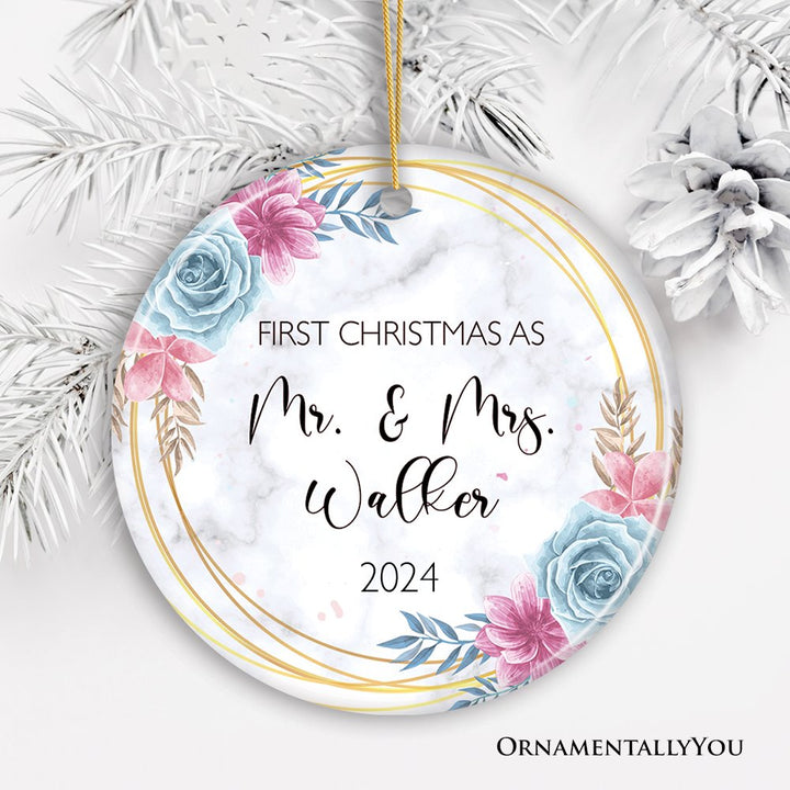 First Christmas As Mr. and Mrs. Personalized Ornament, Marble Watercolor Flowers Round Frame Ceramic Ornament OrnamentallyYou 