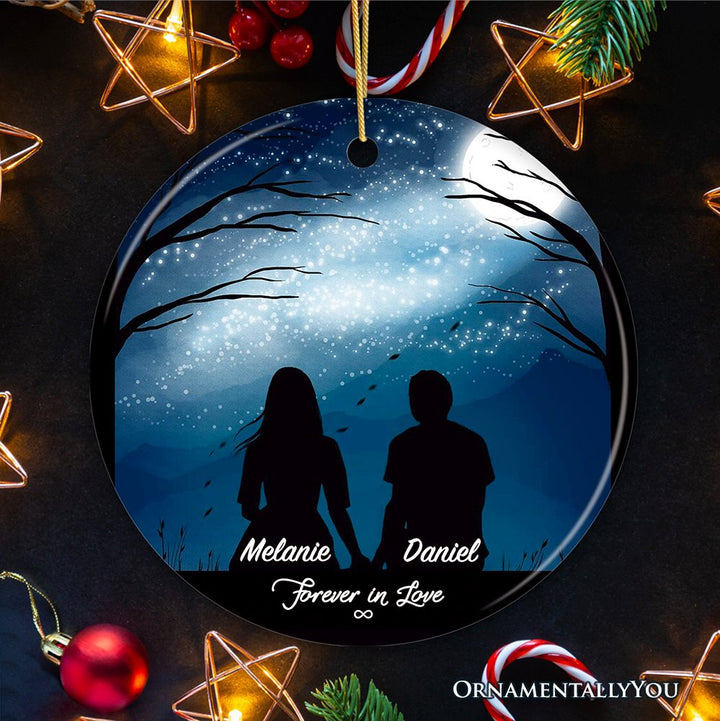 Forever in Love Personalized Silhouette Couple Ornament, Night Sky Stars and Moon Ceramic Ornament OrnamentallyYou Circle 