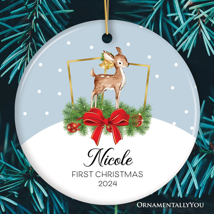 Reindeer Baby's First Christmas Personalized Ornament Ceramic Ornament OrnamentallyYou Circle 