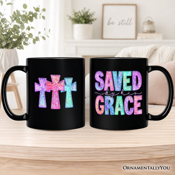Saved By His Grace Printed Faux Sequin Christian Mug, Religious Love Gift Personalized Ceramic Mug OrnamentallyYou Black Non-Custom 