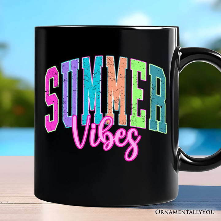 Summer Vibes Neon Varsity Mug, Retro Beach Gift Personalized Ceramic Mug OrnamentallyYou Black Non-Custom 
