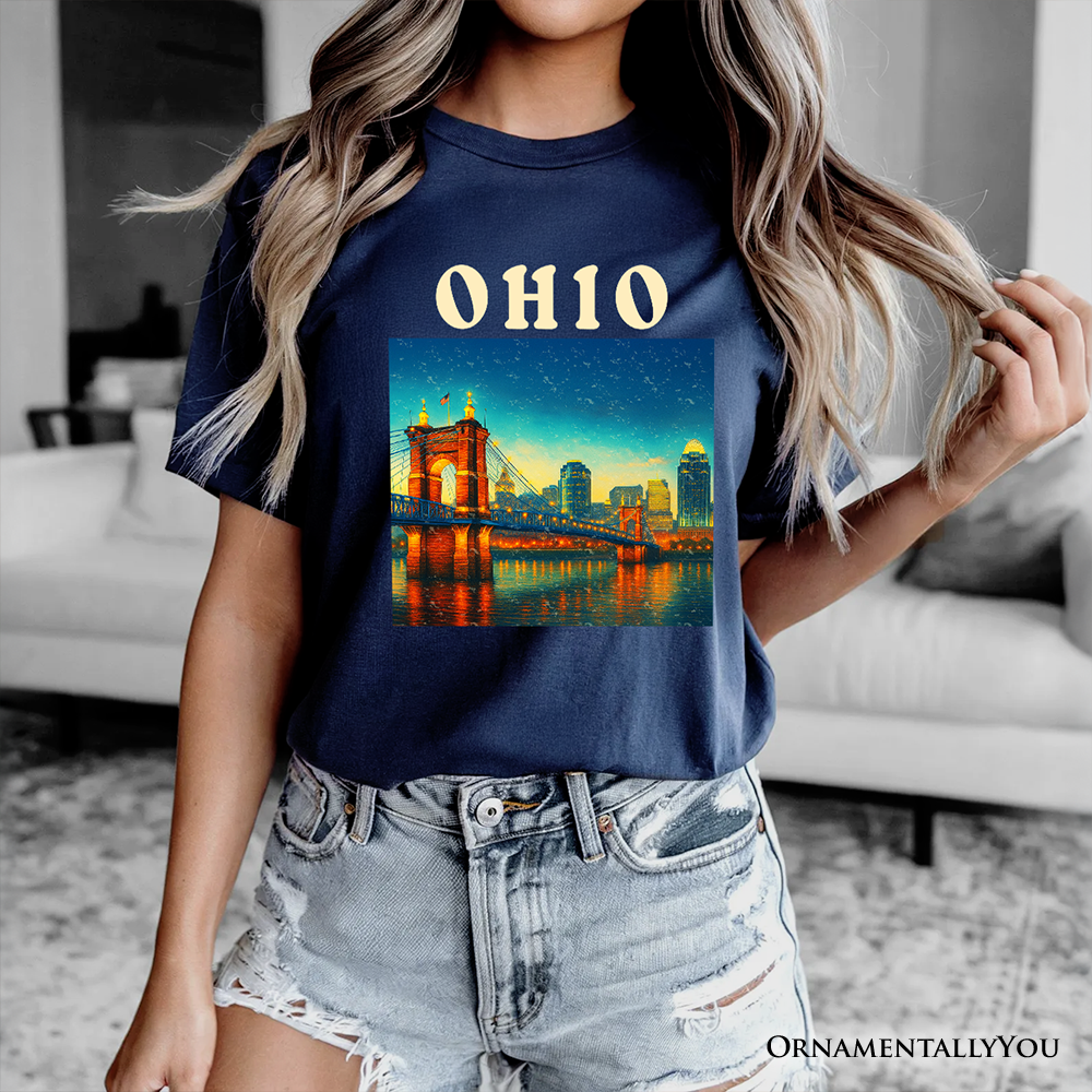 Charming Ohio State Cityscape and Landmark T-Shirt, Cincinnati Night Bridge Tee and Midwest Skyline Souvenir