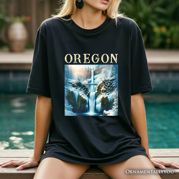 Enchanting Oregon State Multnomah Falls Winter T-Shirt, Pacific Northwest Waterfall Tee and Souvenir