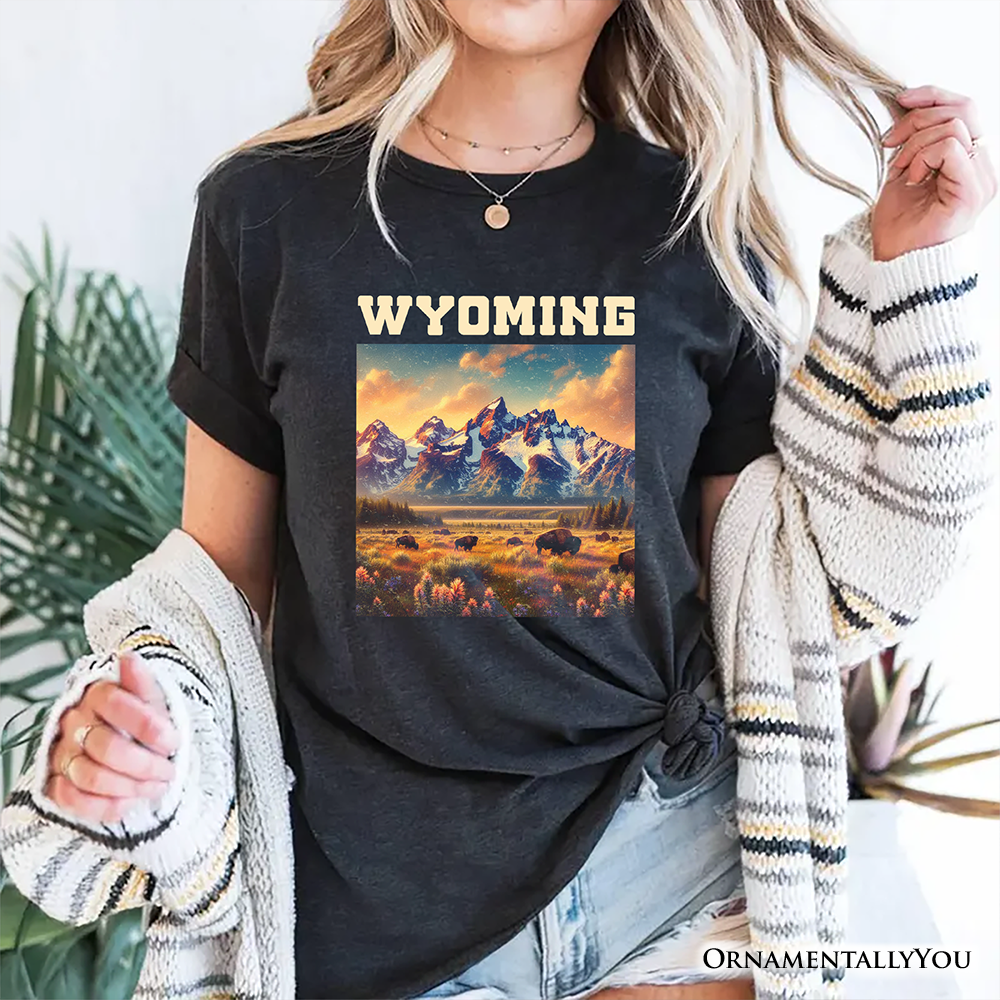 Majestic Wyoming State Prairie T-Shirt, Grand Teton Bison Tee and Western Landscape Souvenir