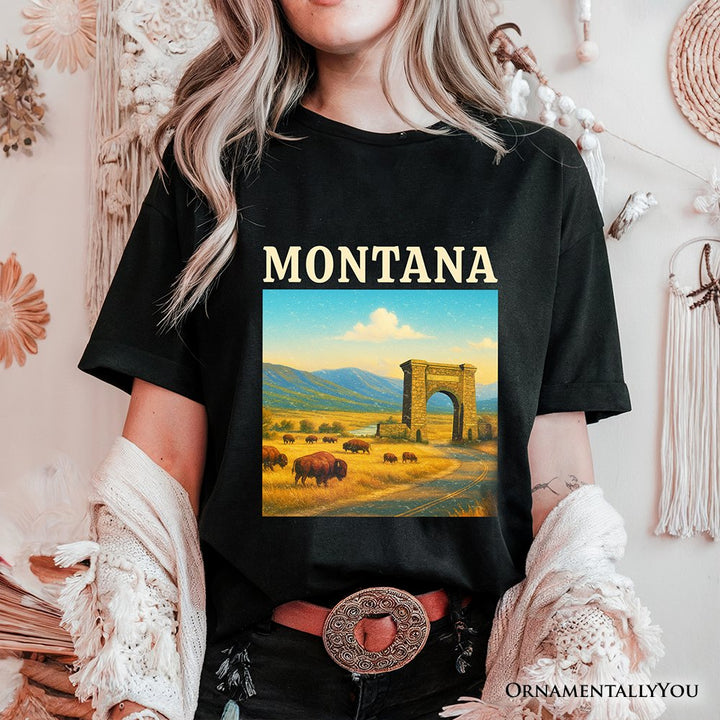 Rustic Montana State Wildlife and Landmark T-Shirt, Yellowstone Entrance Tee and Western Prairie Souvenir T-Shirts OrnamentallyYou 