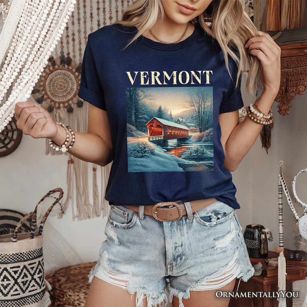 Rustic Red Covered Bridge Vermont State T-Shirt, New England Historical Tee and Travel Souvenir T-Shirts OrnamentallyYou 