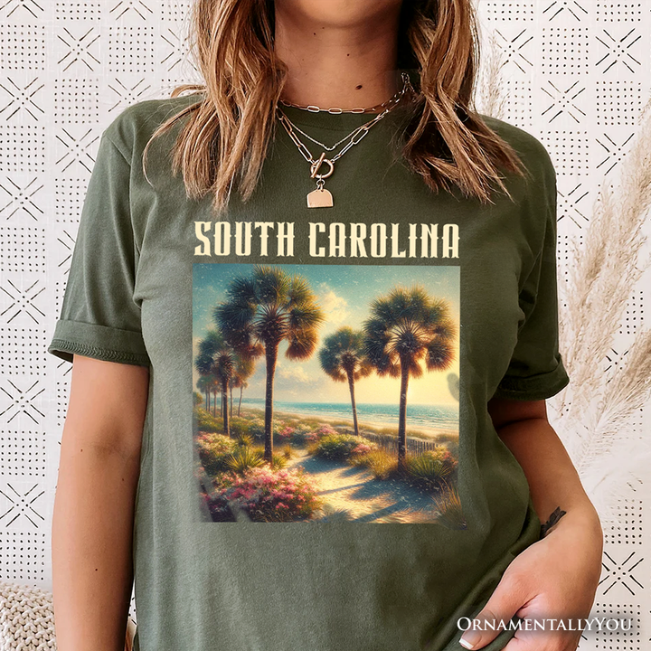Serene South Carolina State Palmetto Beach Scene T-Shirt, Coastal Tee and Tropical Keepsake Souvenir