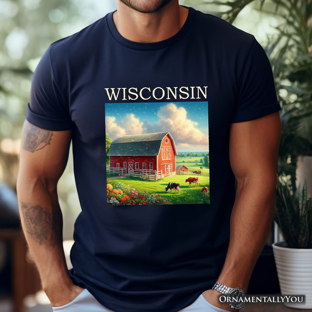 Vintage Wisconsin Farm Landscape T-Shirt, Midwest Red Barn Tee and Countryside Souvenir T-Shirts OrnamentallyYou 