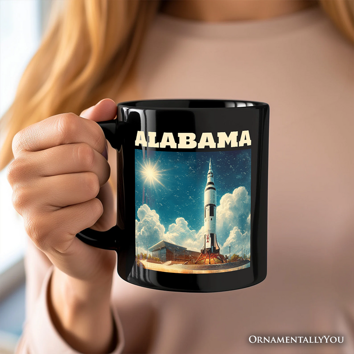 Retro Alabama State Rocket Launch Personalized Mug, NASA Space Center Gift and Huntsville Souvenir with Custom Name