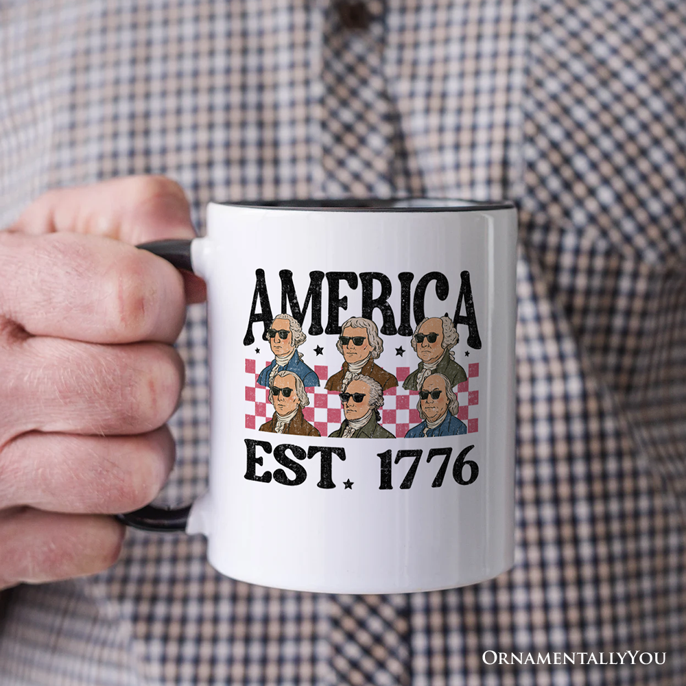 America Est 1776 Founding Fathers Vintage Personalized Mug, Retro Patriotic Gift with Custom Name