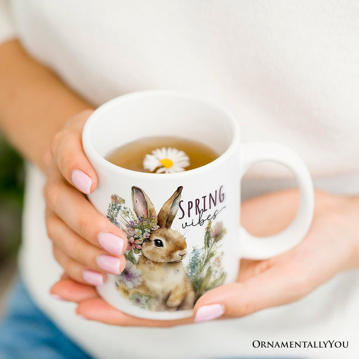 Artistic Watercolor Spring Vibes Personalized Mug, Floral Bunny Custom Gift with Name Personalized Ceramic Mug OrnamentallyYou 