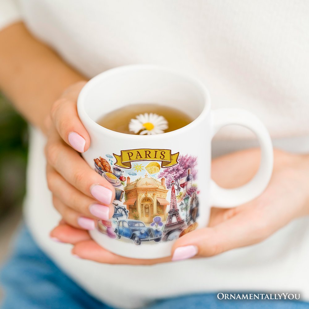 Artistic Paris Culture and Landmarks Personalized Mug, Classical France Gift and Souvenir with Custom Name Personalized Ceramic Mug OrnamentallyYou 