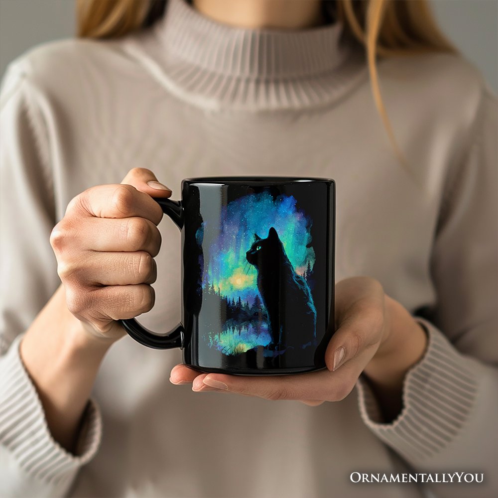 Mystic Aurora Cat Personalized Mug, Northern Lights Feline Gift with Custom Name Personalized Ceramic Mug OrnamentallyYou 