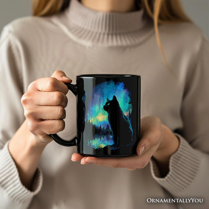 Mystic Aurora Cat Personalized Mug, Northern Lights Feline Gift with Custom Name