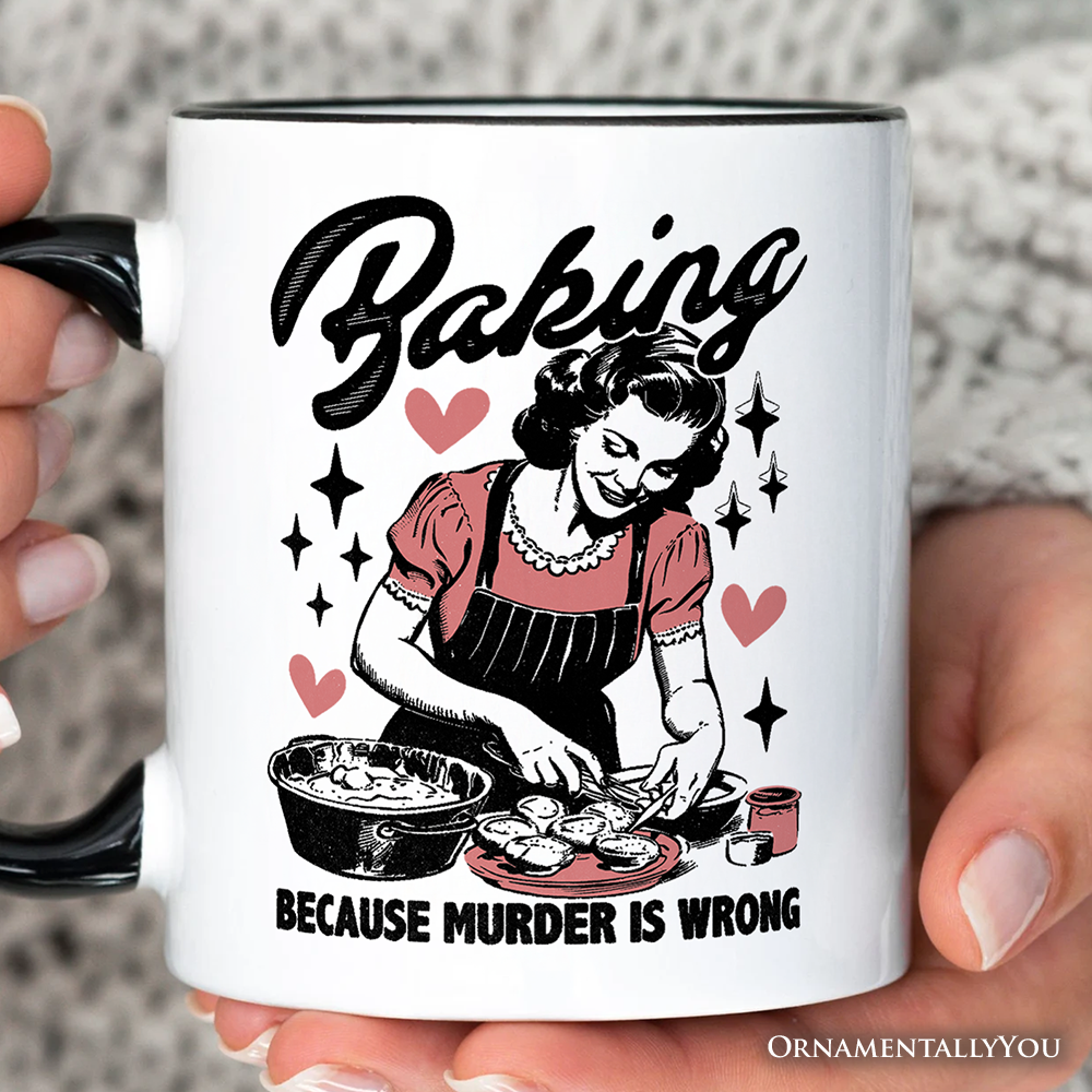 Baking Because Murder Is Wrong Anti-Valentine Personalized Mug, Funny Retro Kitchen Gift with Custom Name