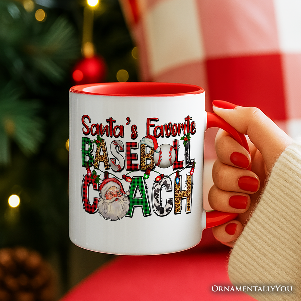 Santa’s Favorite Baseball Coach Personalized Mug, Plaid Christmas Athelete Gift with Custom Name