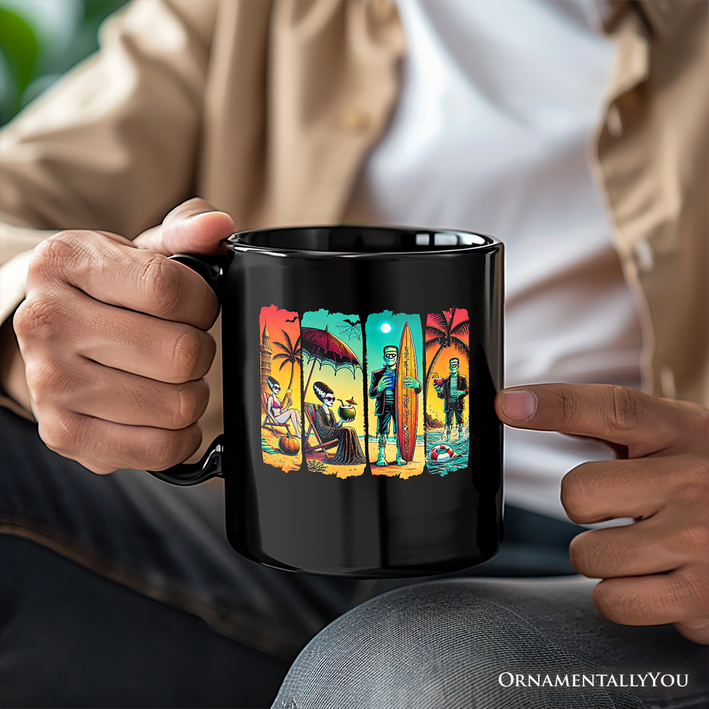 Frankenstein's Beach Vacation Personalized Mug, Retro Neon Summer Vibes Gift with Custom Name