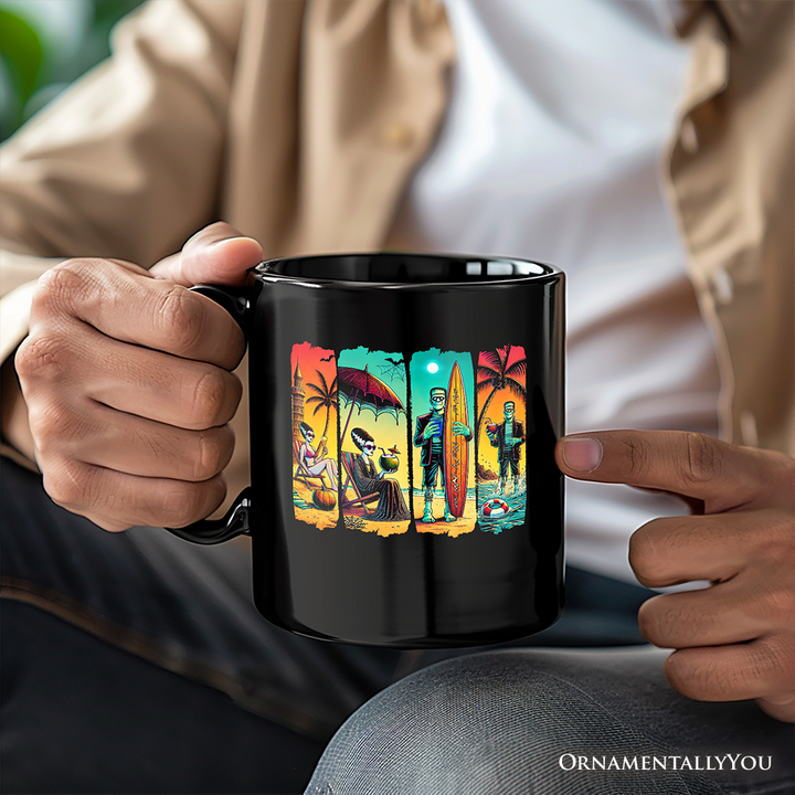 Frankenstein's Beach Vacation Personalized Mug, Retro Neon Summer Vibes Gift with Custom Name