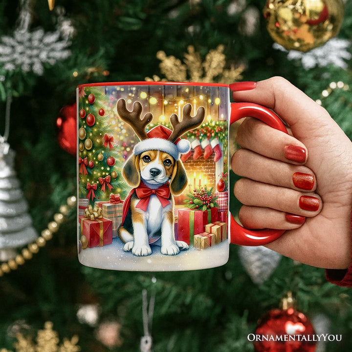 Cozy Fireplace Beagle Personalized Mug, Snuggly Canine Christmas Gift with Custom Name Personalized Ceramic Mug OrnamentallyYou 