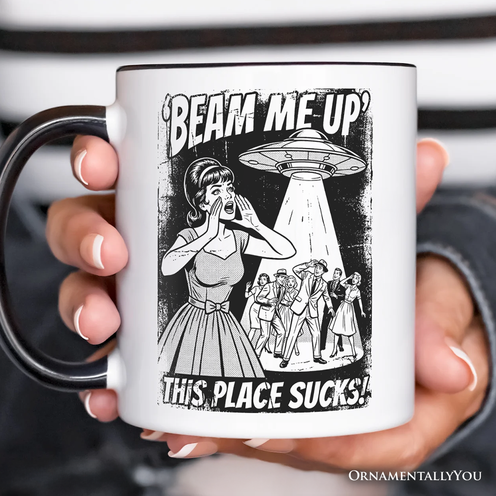 UFO Meme Beam Me Up This Place Sucks Personalized Mug, Cynical Woman Alien Abduction Retro Comic Gift with Custom Name