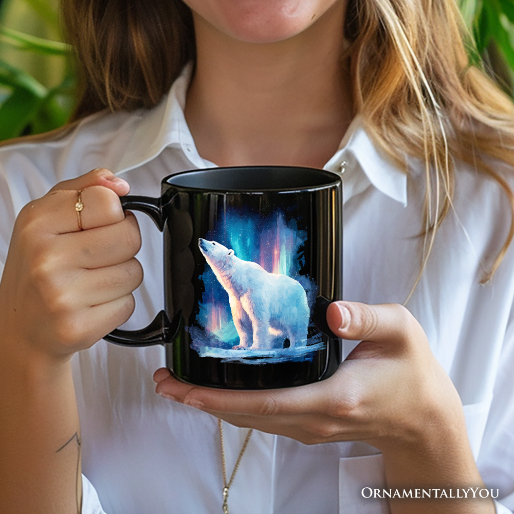 Arctic Aurora Polar Bear Personalized Mug, Northern Lights Wildlife Gift with Custom Name